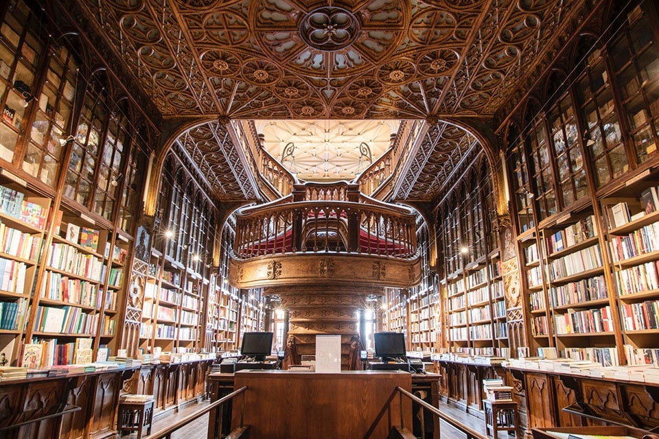 two-story library, filled with books